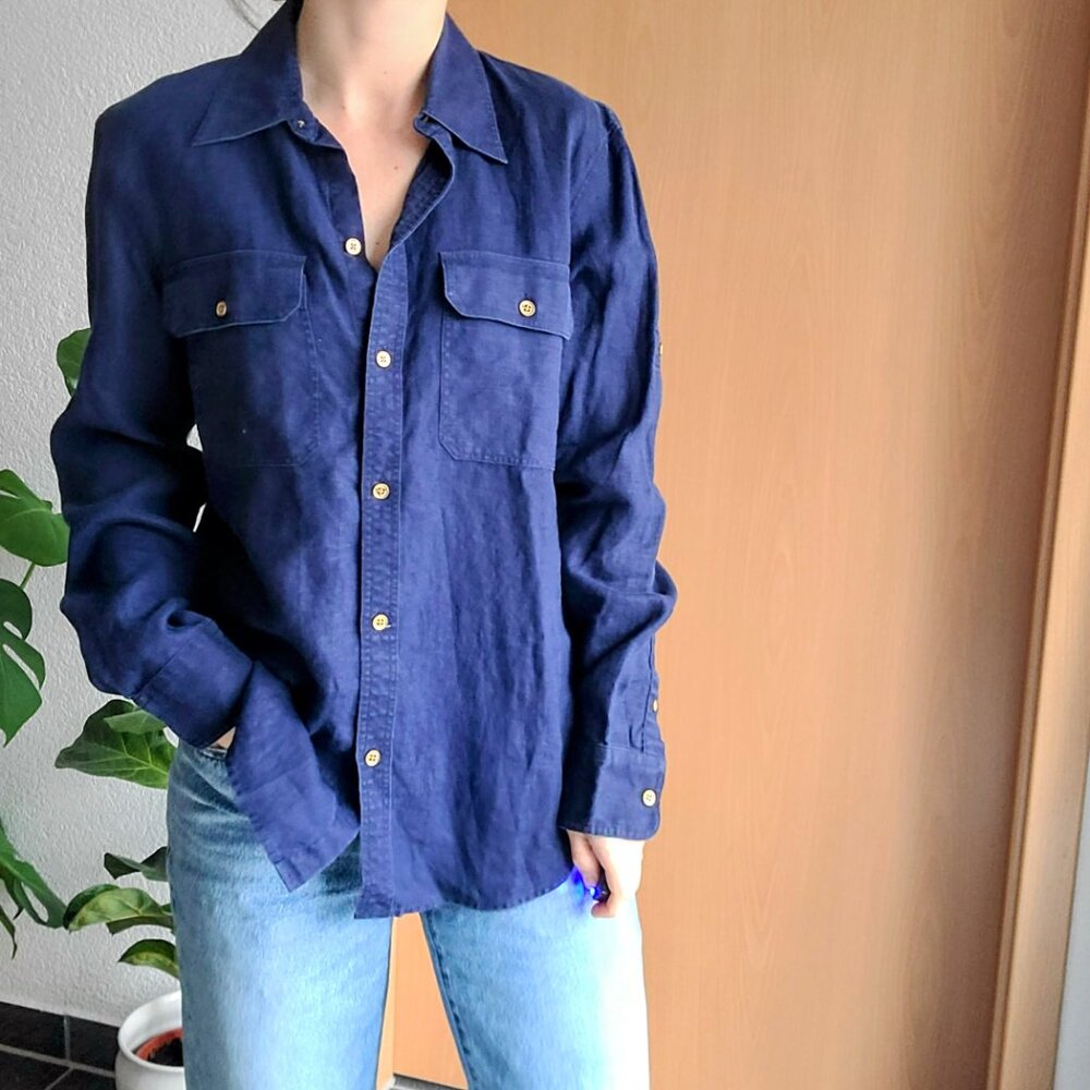 Lauren Ralph Lauren Navy Blue Linen Long Sleeve Button Down Shirt Size Medium - Picture 5 of 13